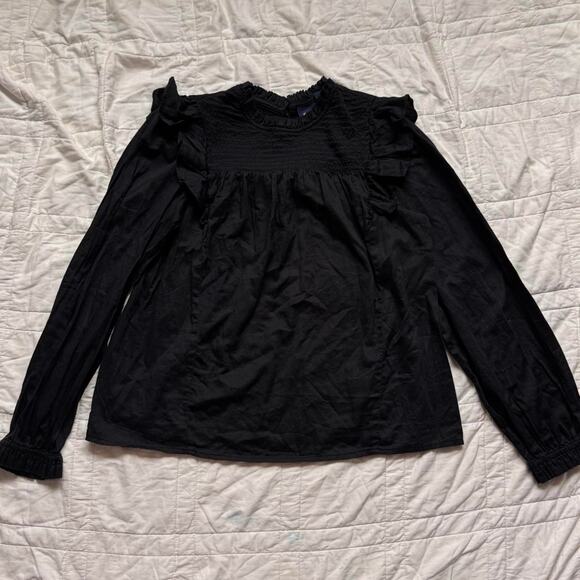 gap womens ruffle neck smocked pleated top sz S black boxy victorian romantic - Picture 3 of 8